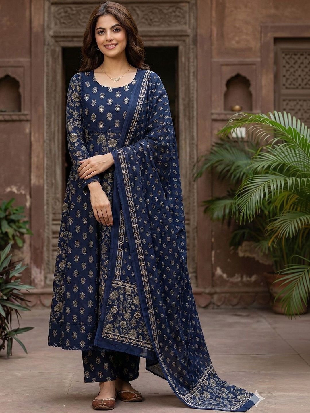 Anouk Women Floral Embroidered Regular Mirror Work Pure Cotton Kurta with Trousers & With Dupatta