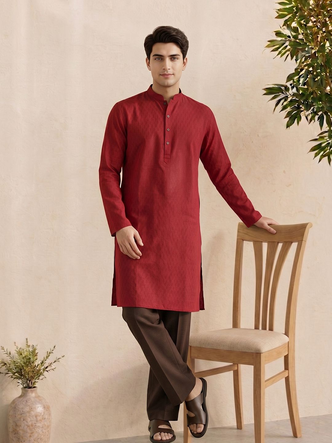 Anouk Woven Design Mandarin Collar Kurta