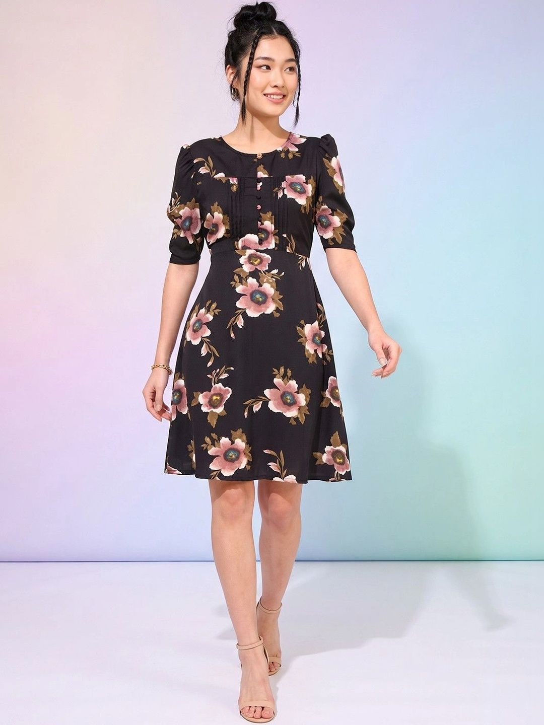 DressBerry Floral Print Puff Sleeve Crepe A-Line Dress