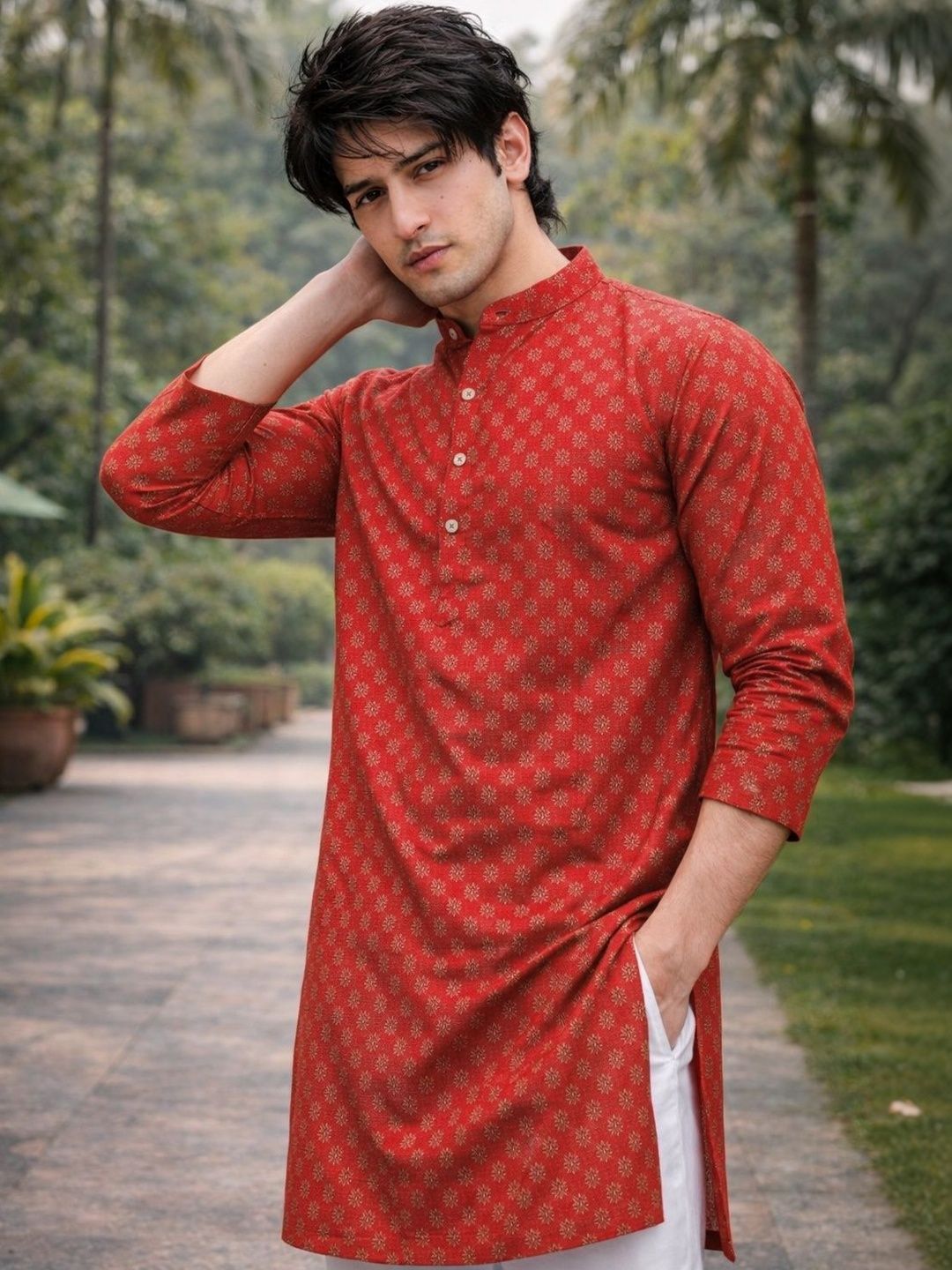 Anouk Printed Band Collar Straight Long Kurta