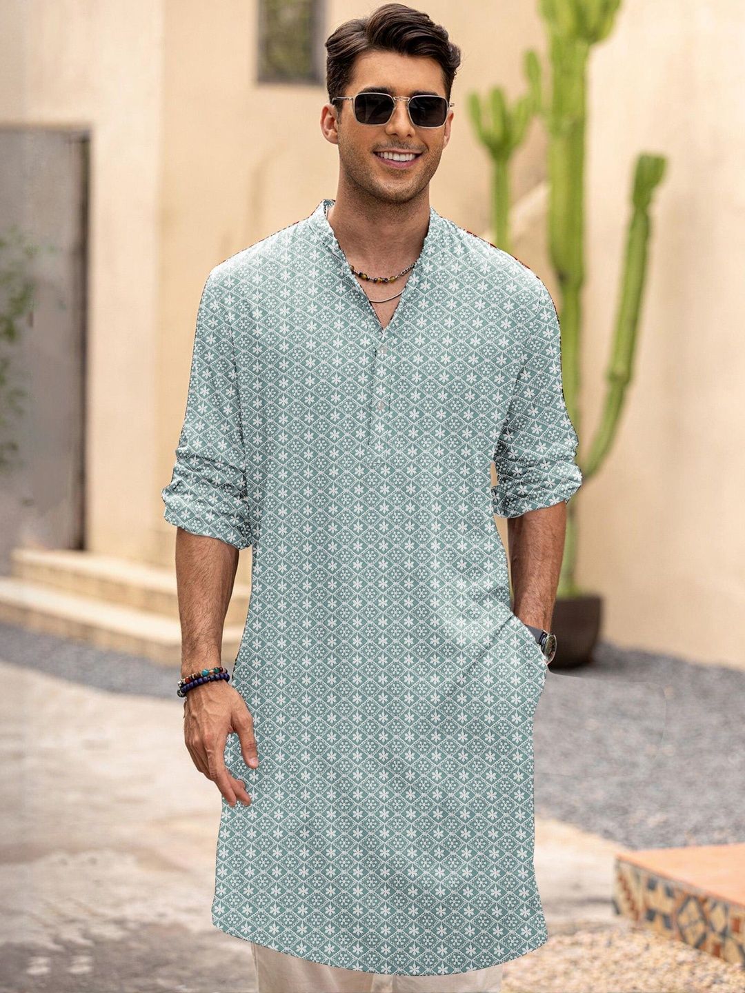 Anouk Men Geometric Embroidery Knee Length Straight Kurta