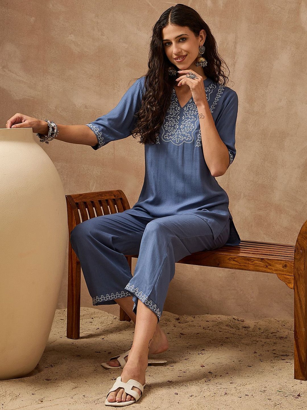 Anouk Embroidered V-Neck Tunic With Trousers Co-Ords