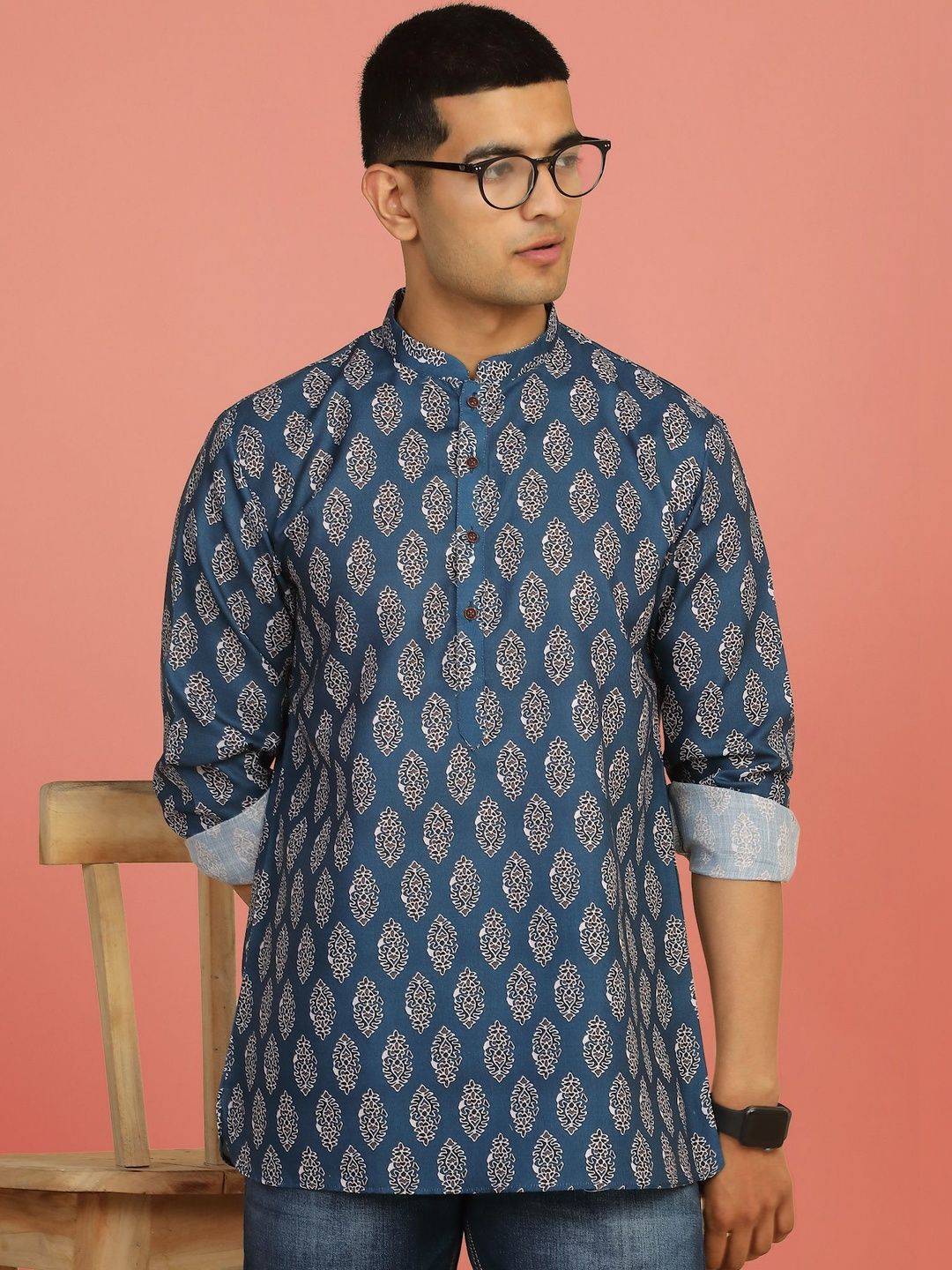 Anouk Mirage Indigo Blue Printed Roll-Up Sleeve Short Kurta