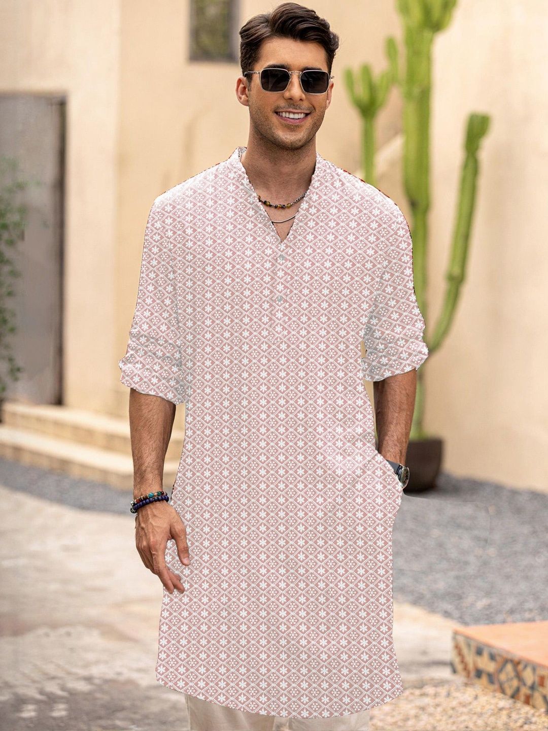 Anouk Men Geometric Embroidery Knee Length Straight Kurta
