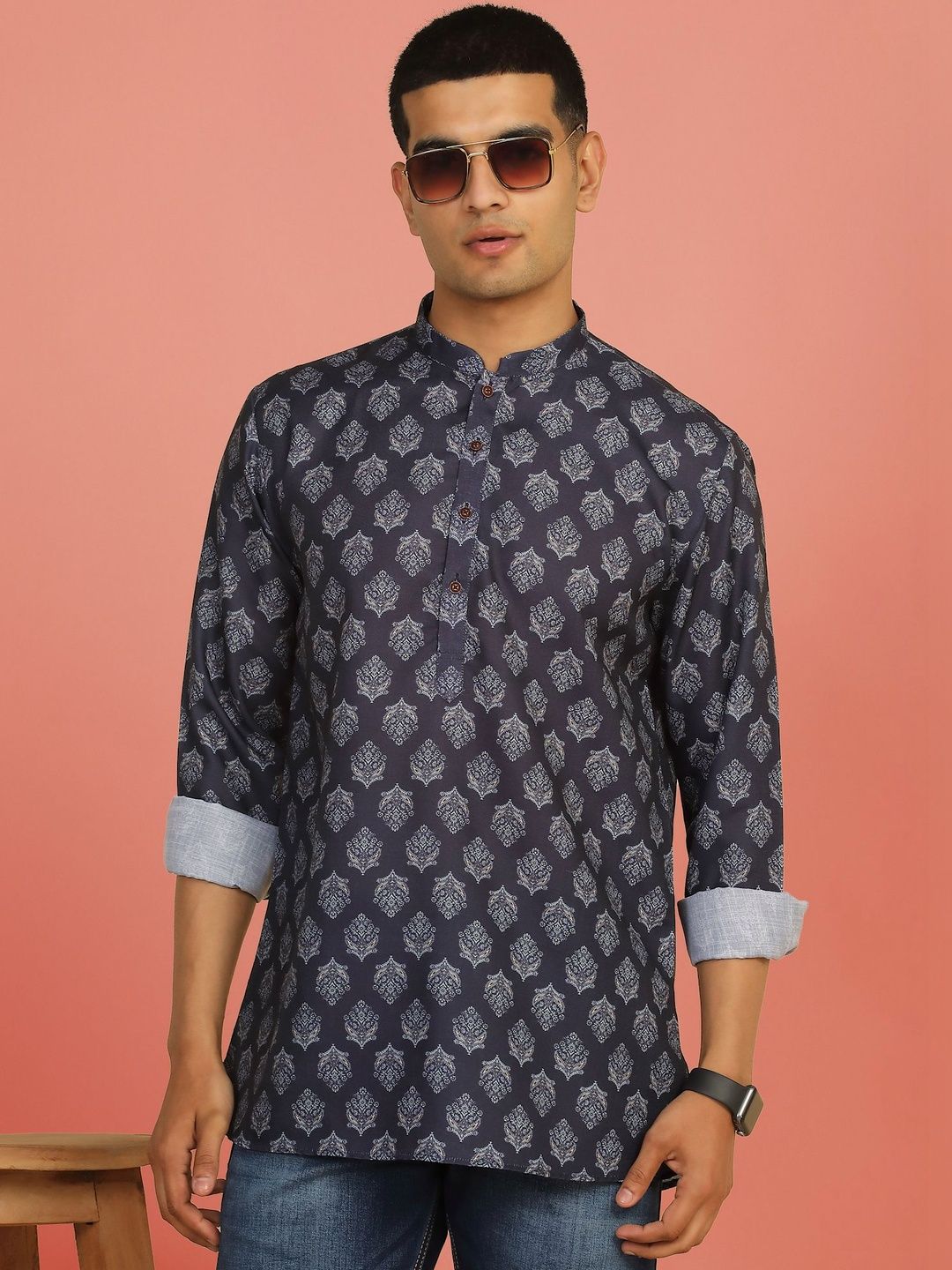 Anouk Mirage Indigo Blue Printed Roll-Up Sleeve Short Kurta
