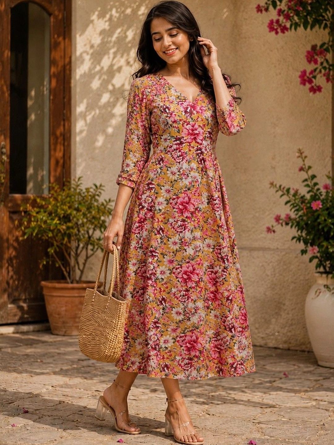 Maavish Floral Print A-Line Midi Dress