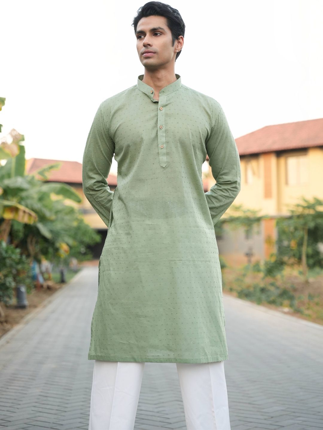 Anouk Men's Green Self-Design Cotton Straight Kurta
