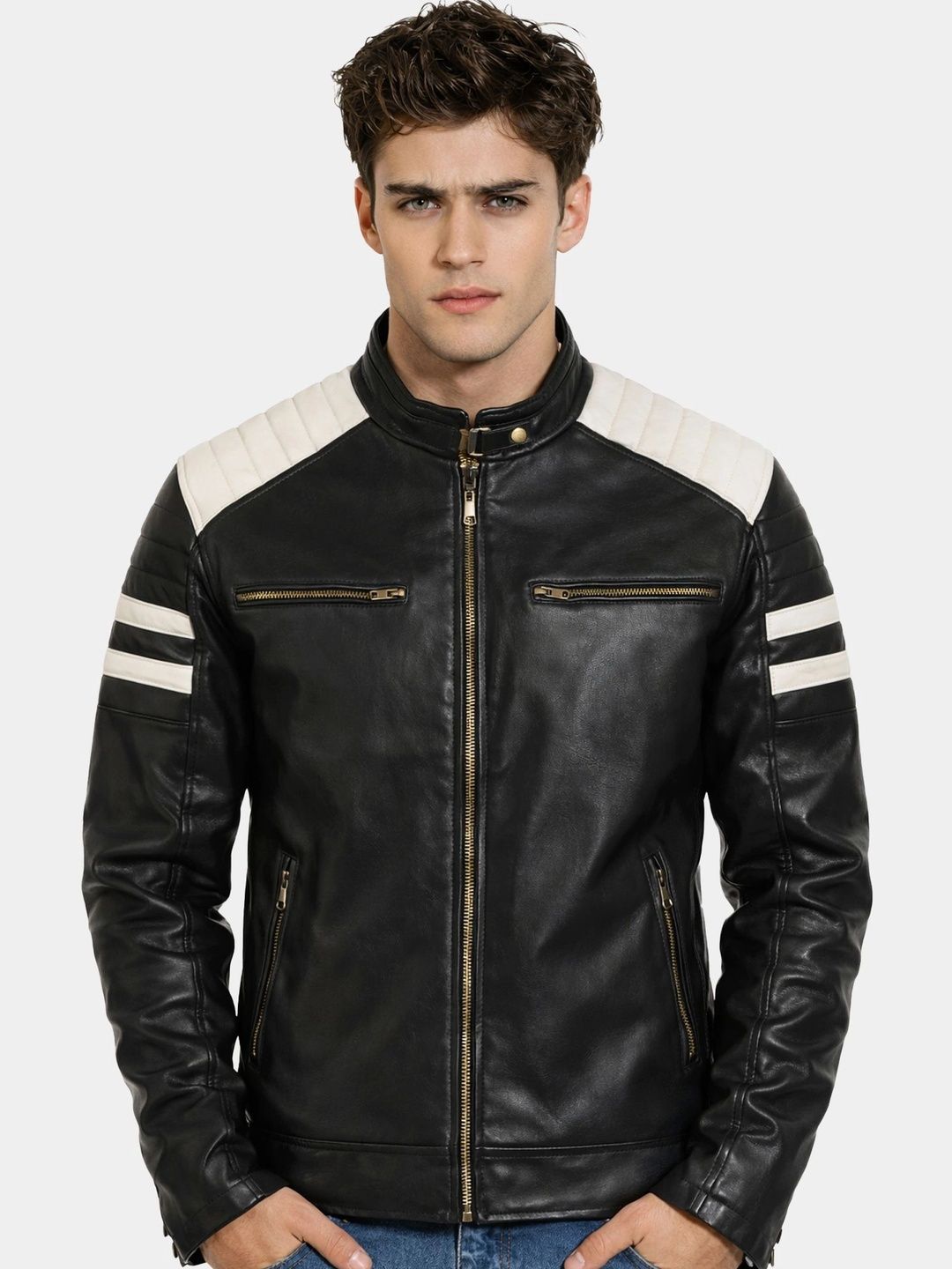 Leather Retail Men Colourblocked Outdoor Biker Jacket