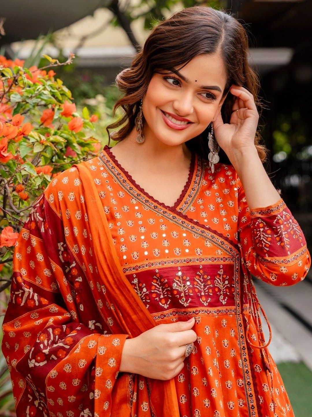 Anouk Women Ethnic Motifs Printed Angrakha Pure Cotton Kurta with Trousers & With Dupatta