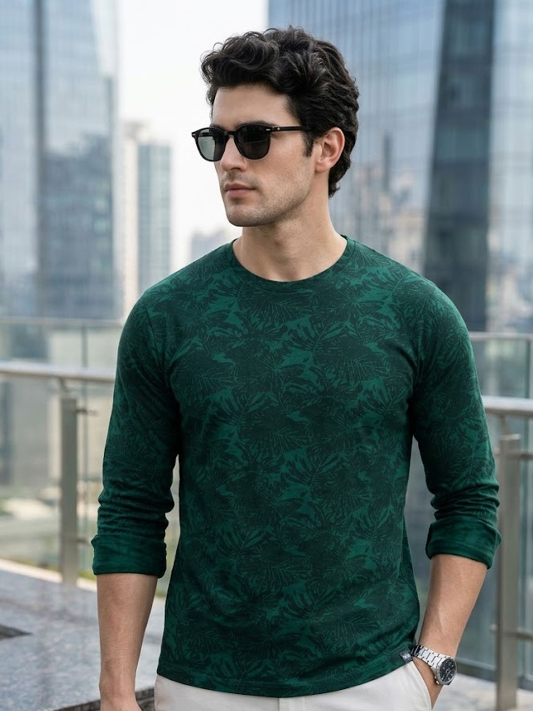 Urbano Fashion Men Teal Green Slim Fit Tropical Printed Pure Cotton T-shirt