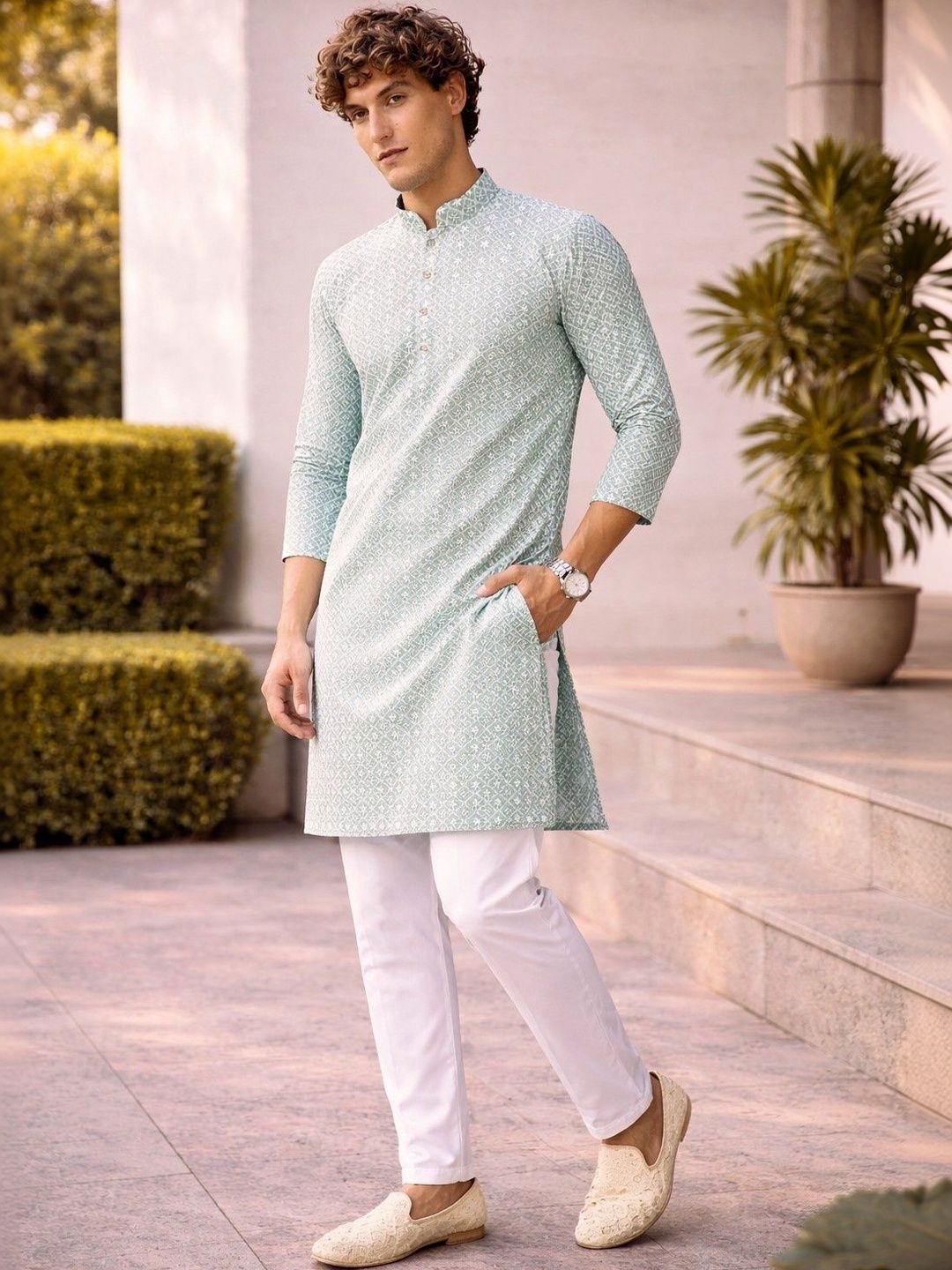 Anouk Men Geometric Embroidery Knee Length Straight Kurta