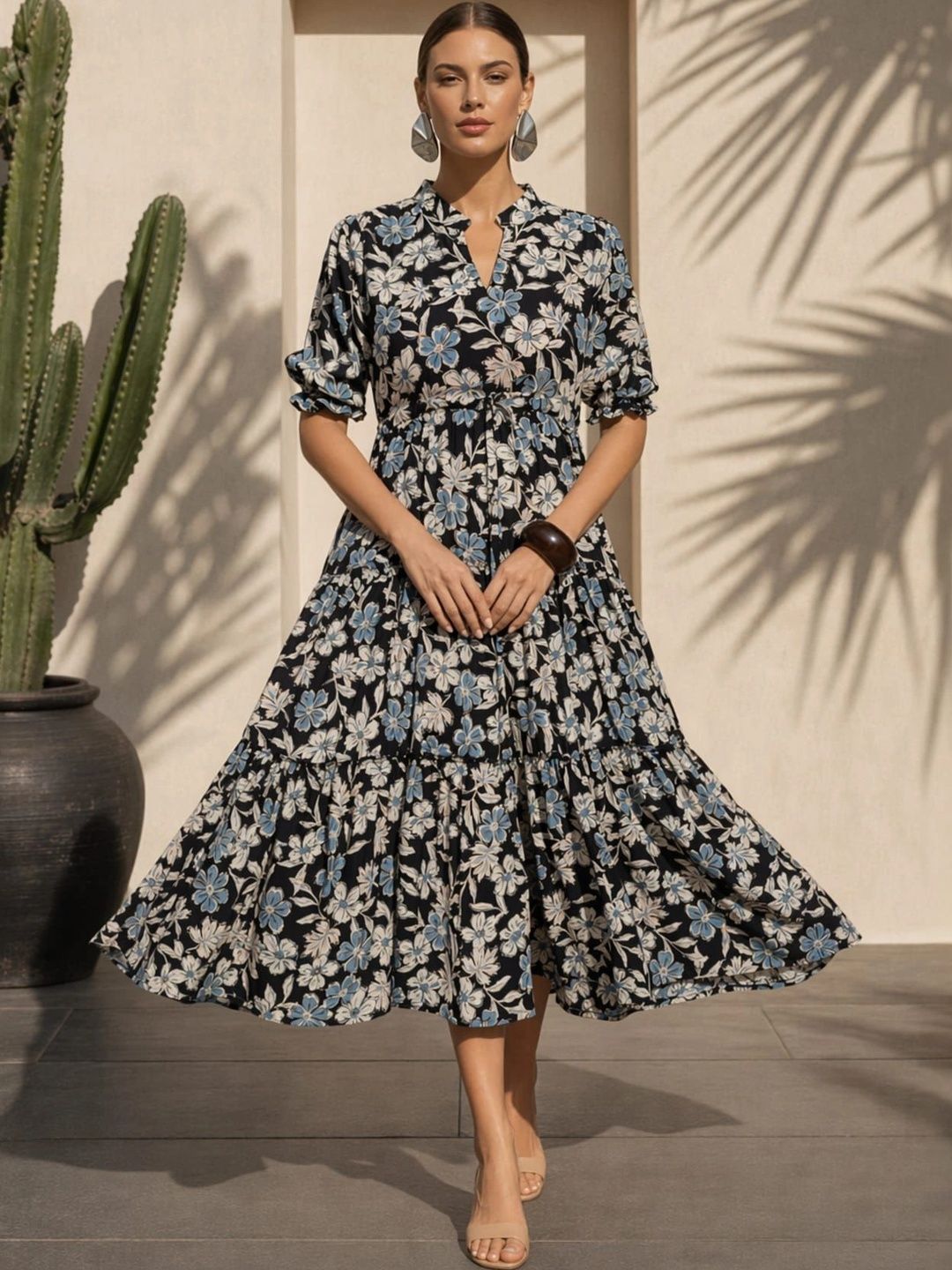 YUVITY Floral Print Puff Sleeve A-Line Midi Dress