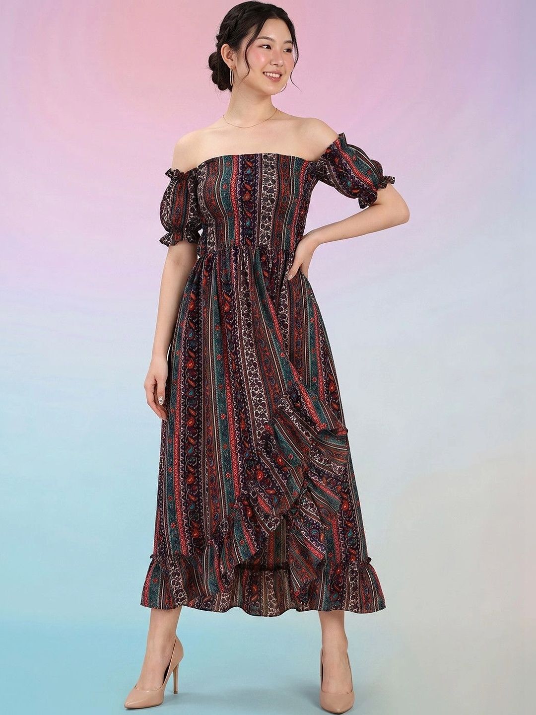 DressBerry Bohemian Print Off-Shoulder Puff Sleeve Ruffled Crepe A-Line Midi Dress