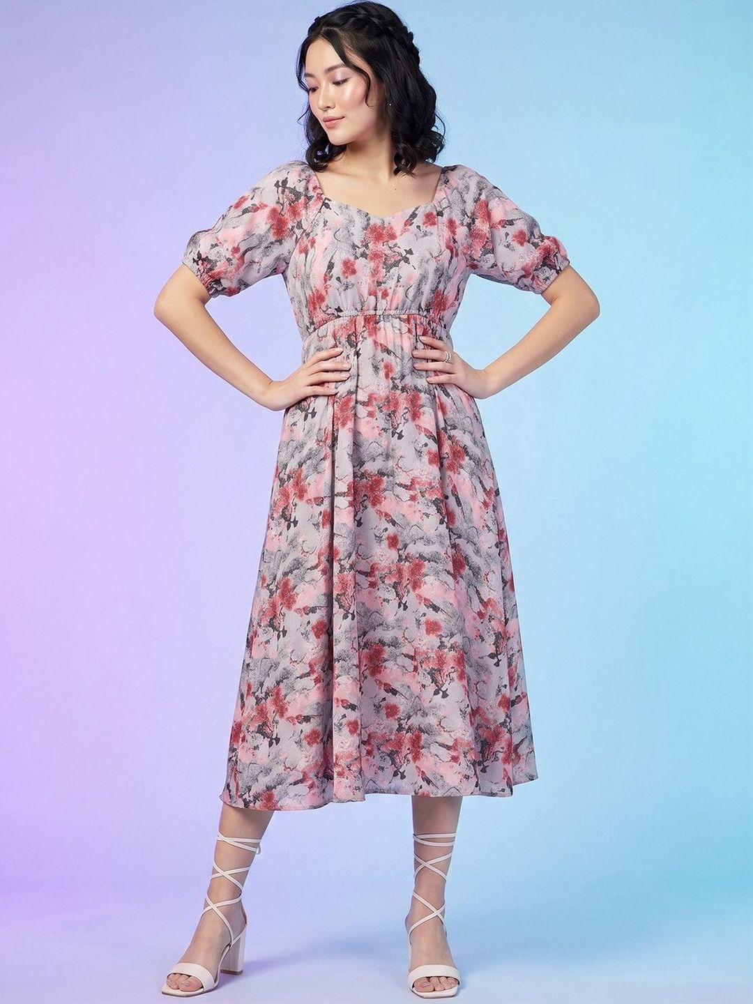 DressBerry Floral Print Puff Sleeve Crepe A-Line Midi Dress
