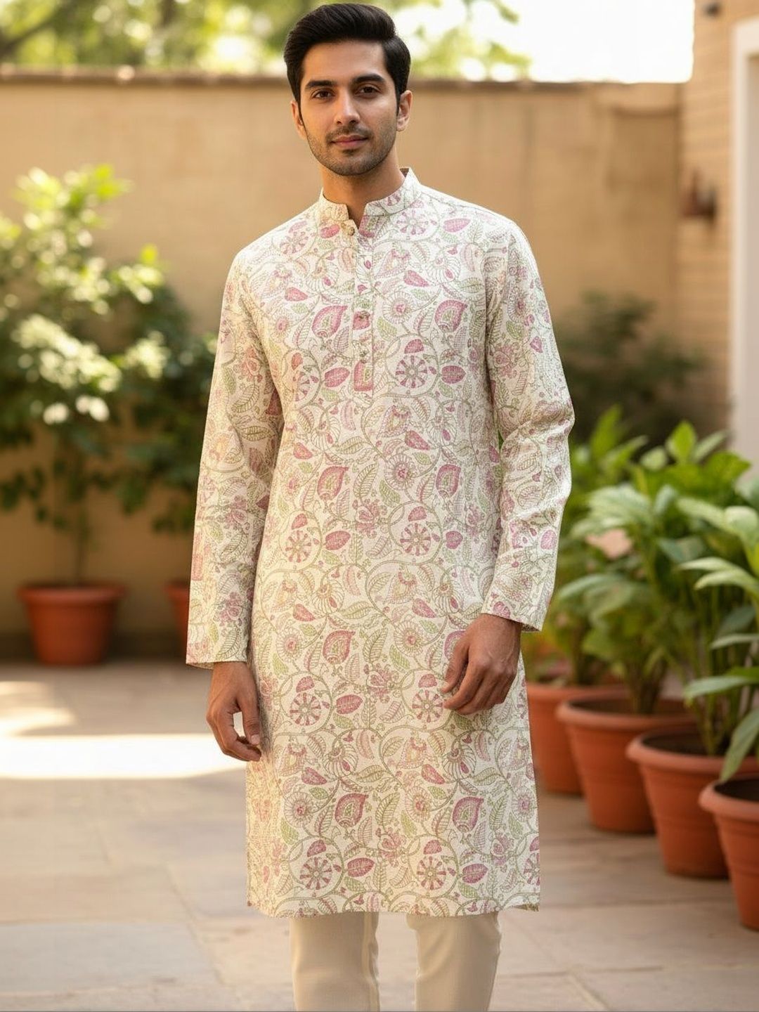 Anouk Floral Printed Mandarin Collar Linen Kurta