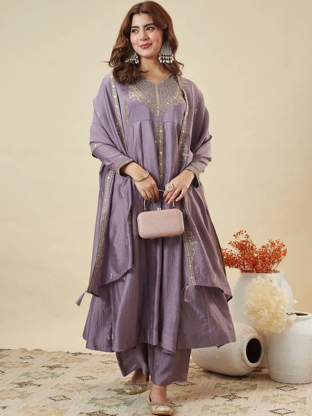TASRIKA TASRIKA Women Ethnic Motifs Embroidered Empire Mirror Work Kurta with Palazzos & With Dupatta