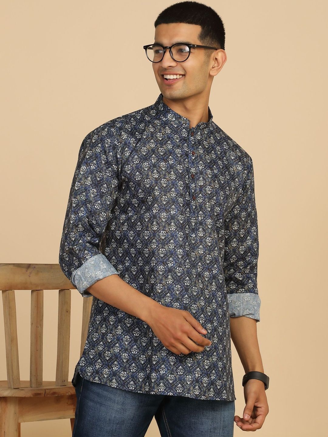 Anouk Mirage Blue Ethnic Printed Roll-Up Sleeve Kurta