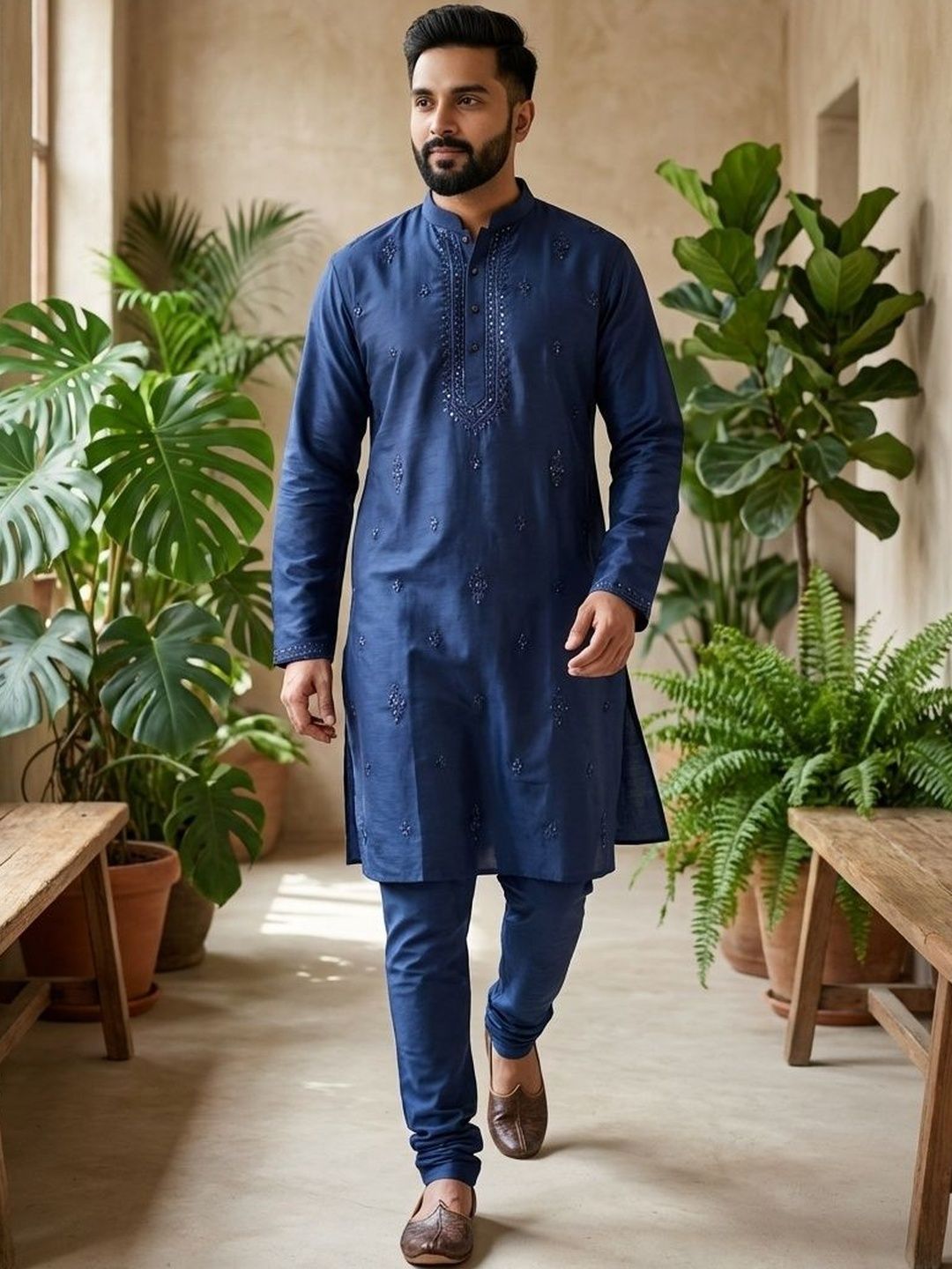 Anouk Mirage Men Floral Embroidered Cold-Shoulder Sleeves Thread Work Kurta