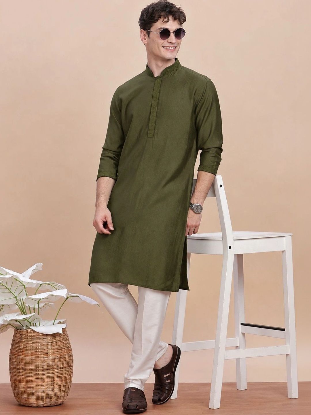 Anouk Men Button Patti Embroidery Straight Kurta