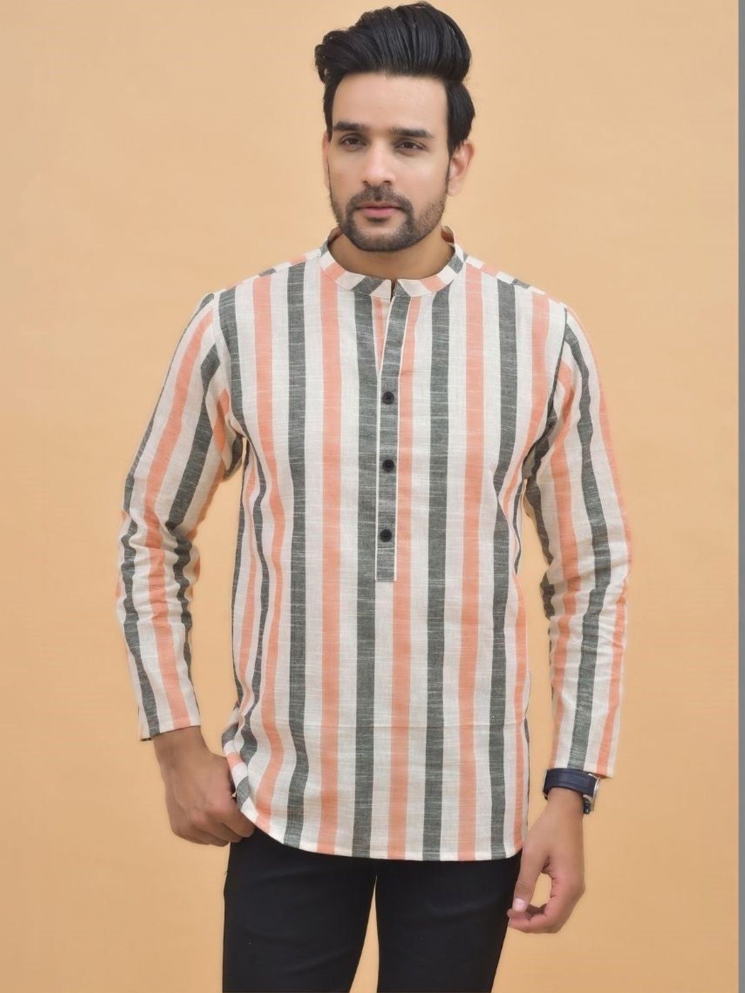 Anouk Mirage Men Striped Flared Sleeves Thread Work Handloom Kurta