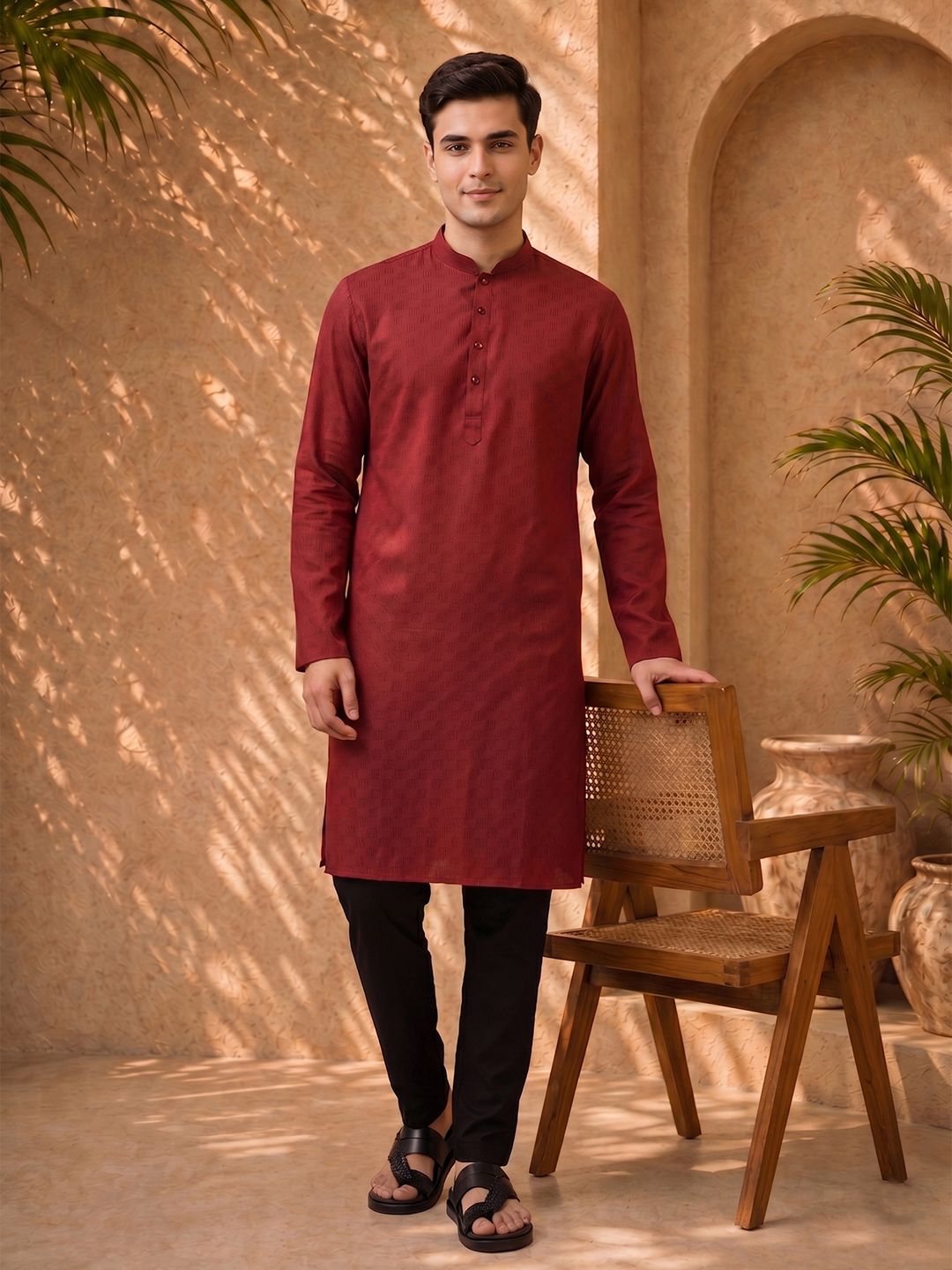 Anouk Woven Design Mandarin Collar Straight Kurta