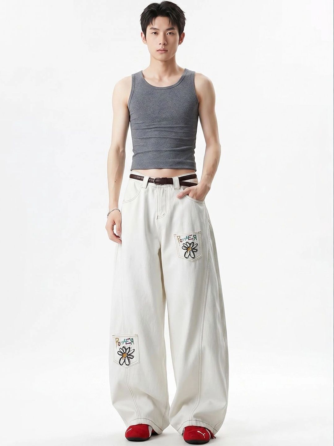 StyleCast x Revolte Men Wide Leg Mid-Rise Embroidered Jeans