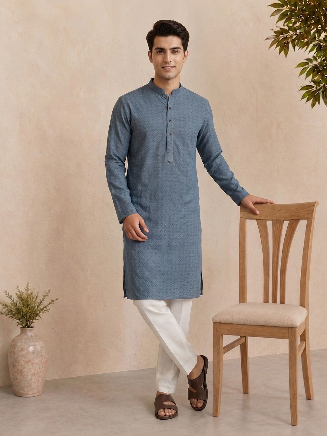 Anouk Woven Design Mandarin Collar Kurta