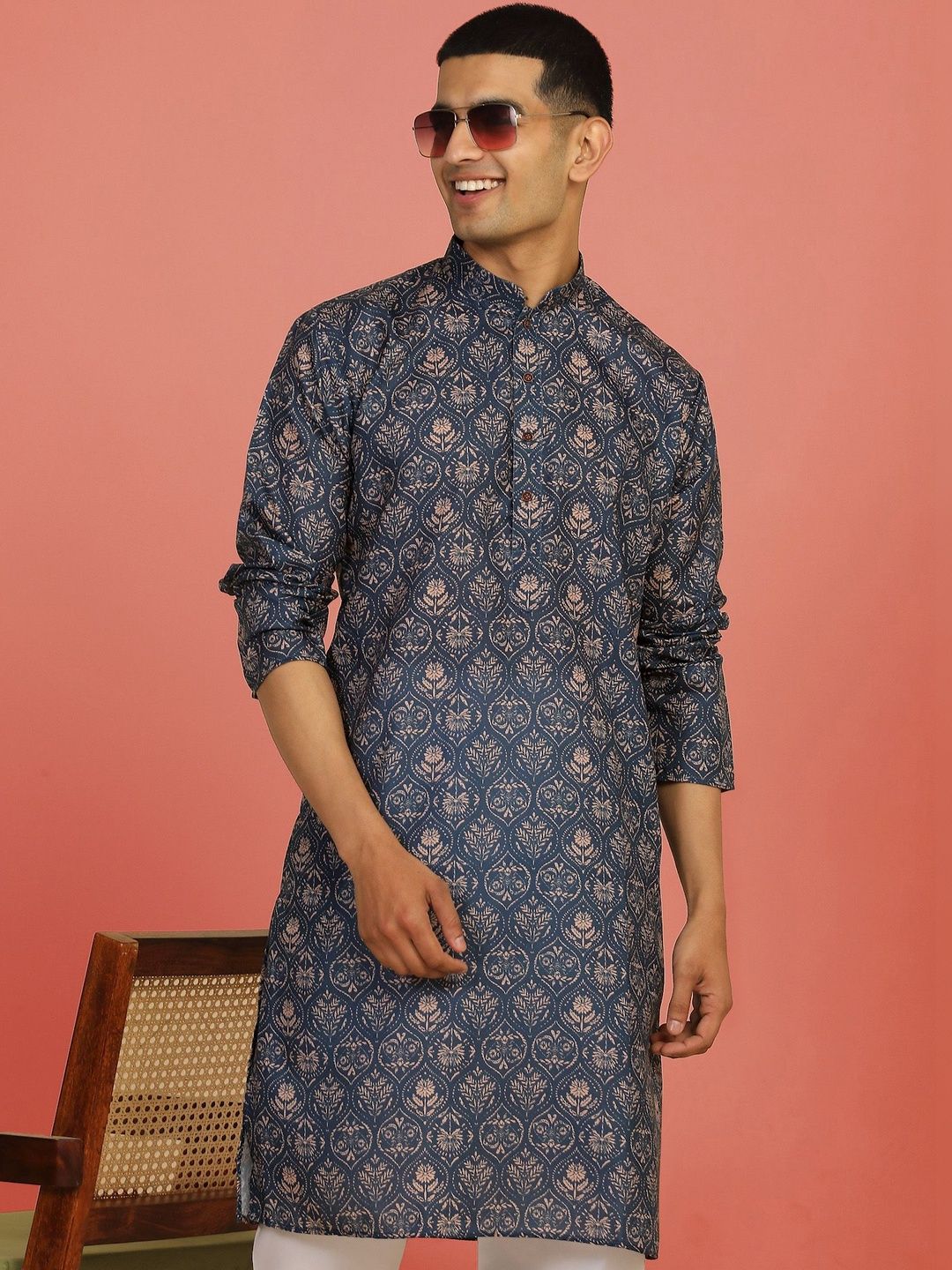 Anouk Mirage Floral Printed Blue Knee Length Kurta