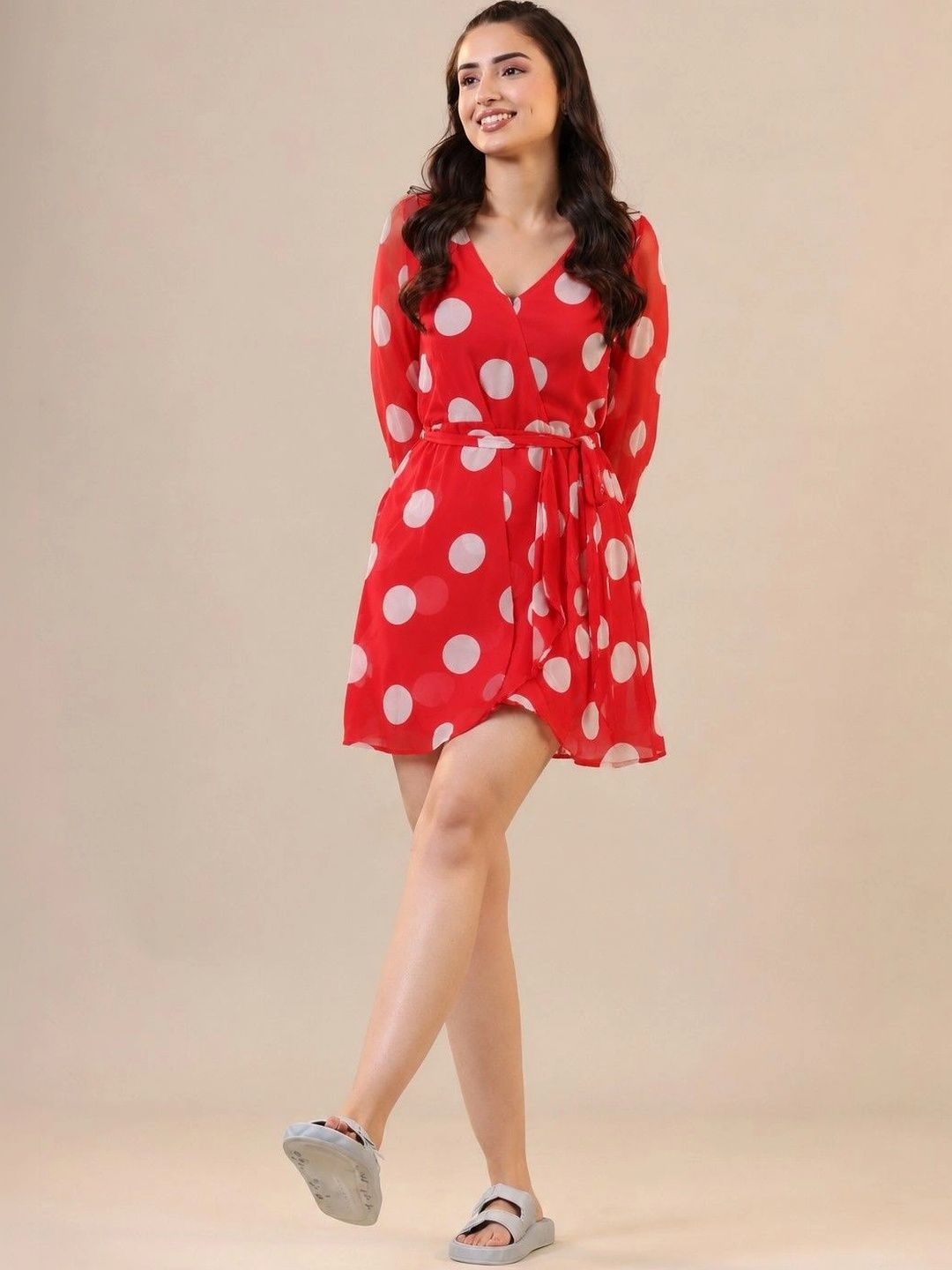 Maavish Polka Dot Printed V-Neck Mini Dress