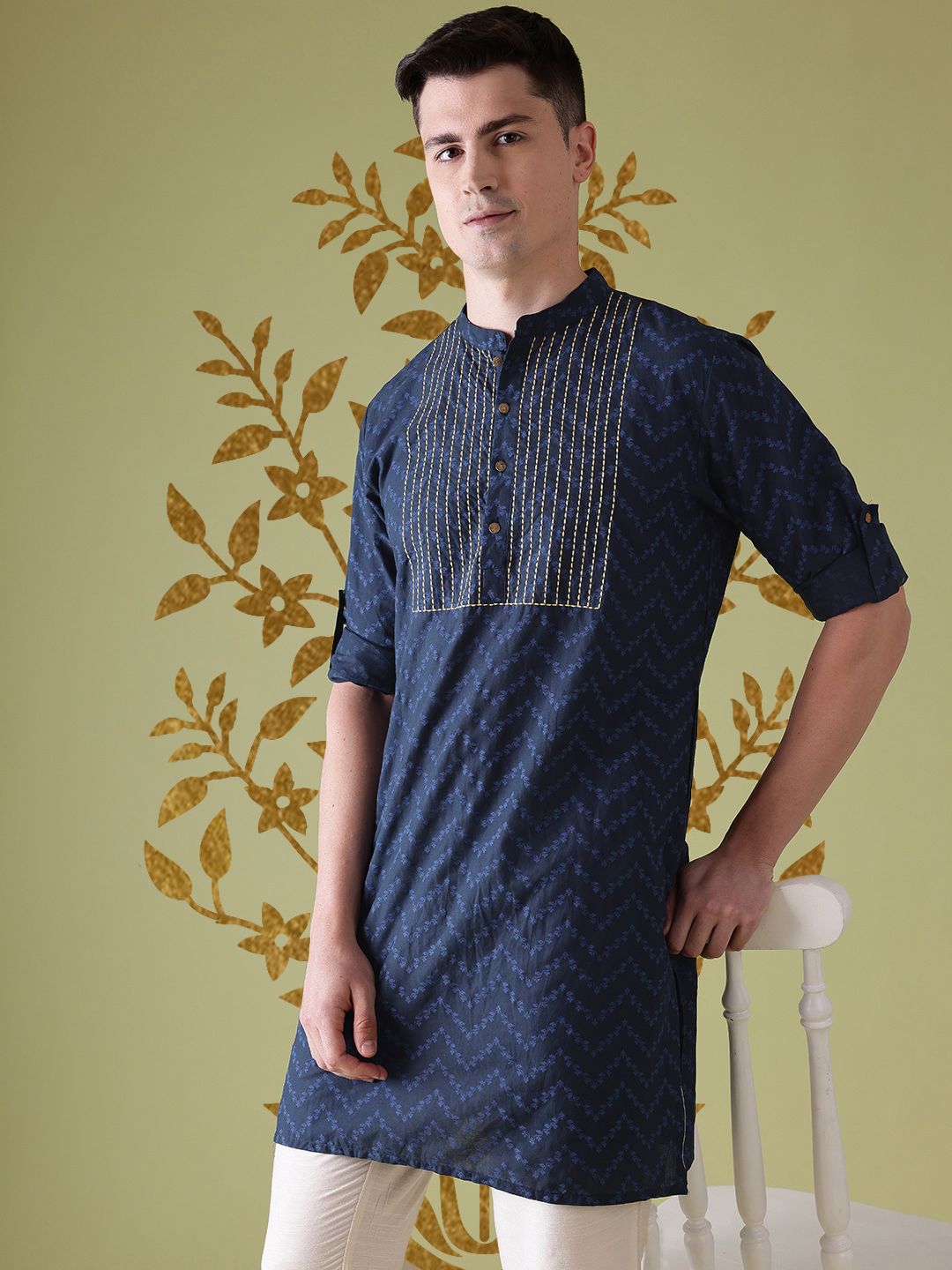 Anouk Floral Printed Thread Work Detail Pure Cotton Straight Kurta