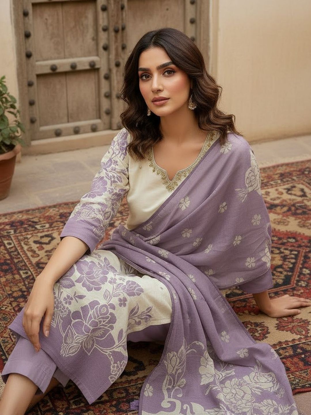 Anouk Women Floral Embroidered Regular Thread Work Pure Cotton Kurta with Trousers & With Dupatta