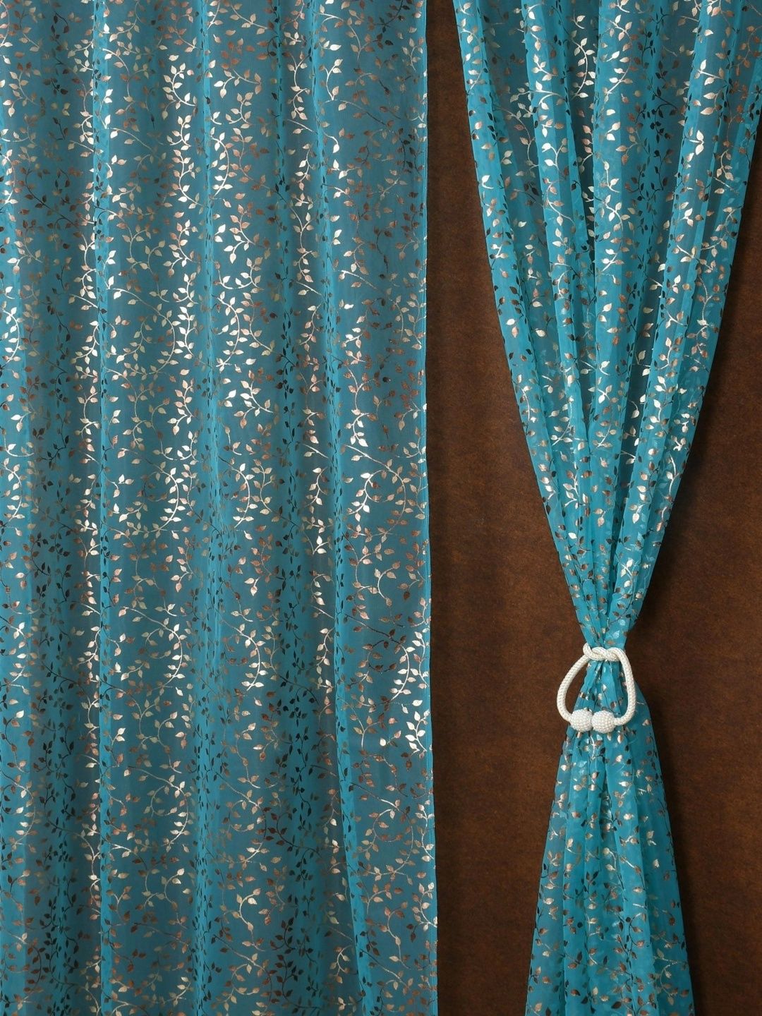 Aura Aura Turquoise Blue Set of 2 Floral Sheer Door Curtain
