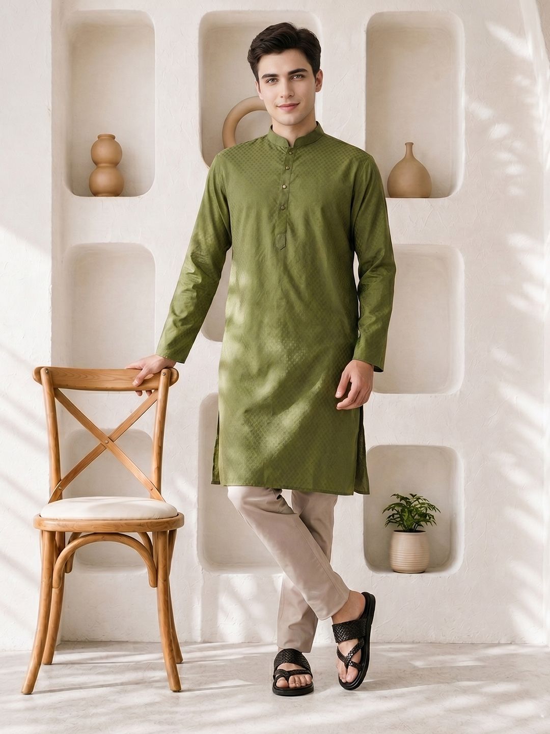 Anouk Woven Design Mandarin Collar Straight Kurta