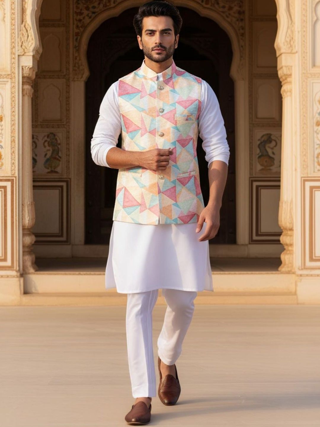 Anouk Men's Ethnic Jacquard Regular Fit Nehru Jacket