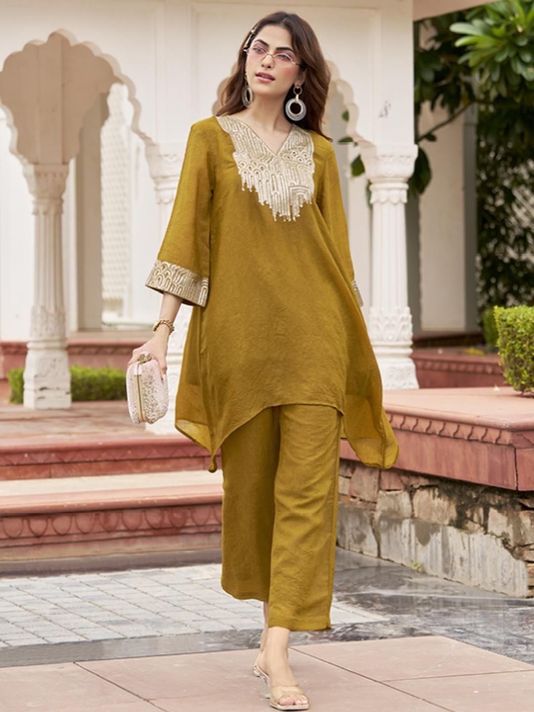 Anouk Women Mustard Embroidered Tunic & Trousers Co-Ords