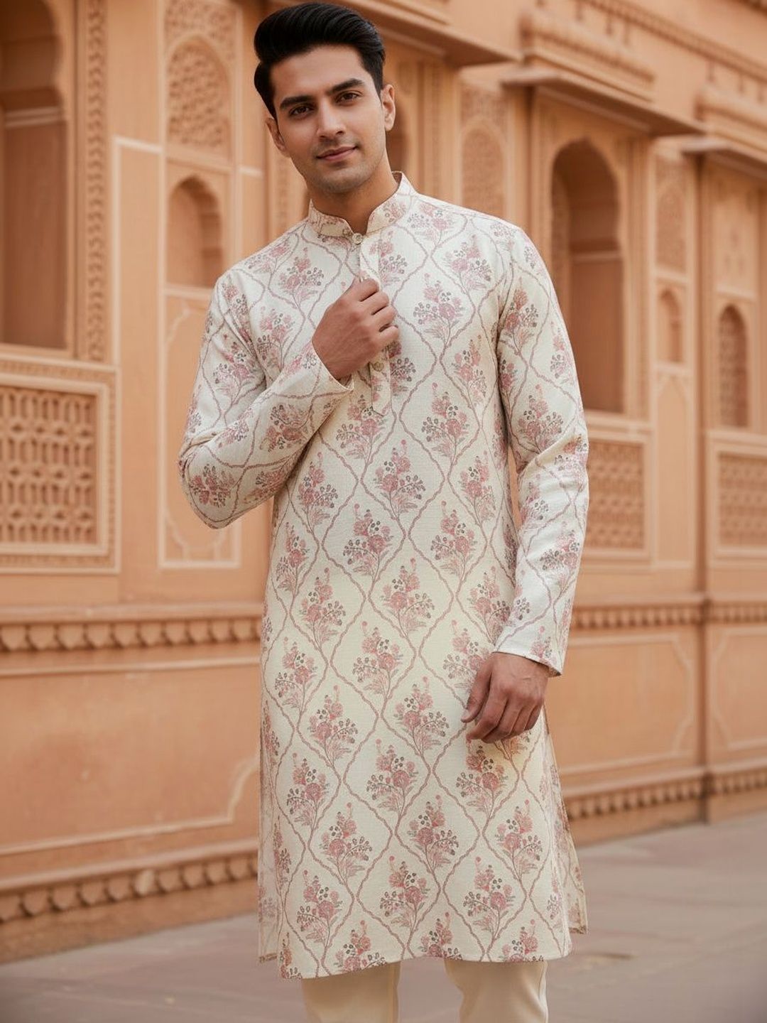 Anouk Floral Printed Mandarin Collar Linen Kurta