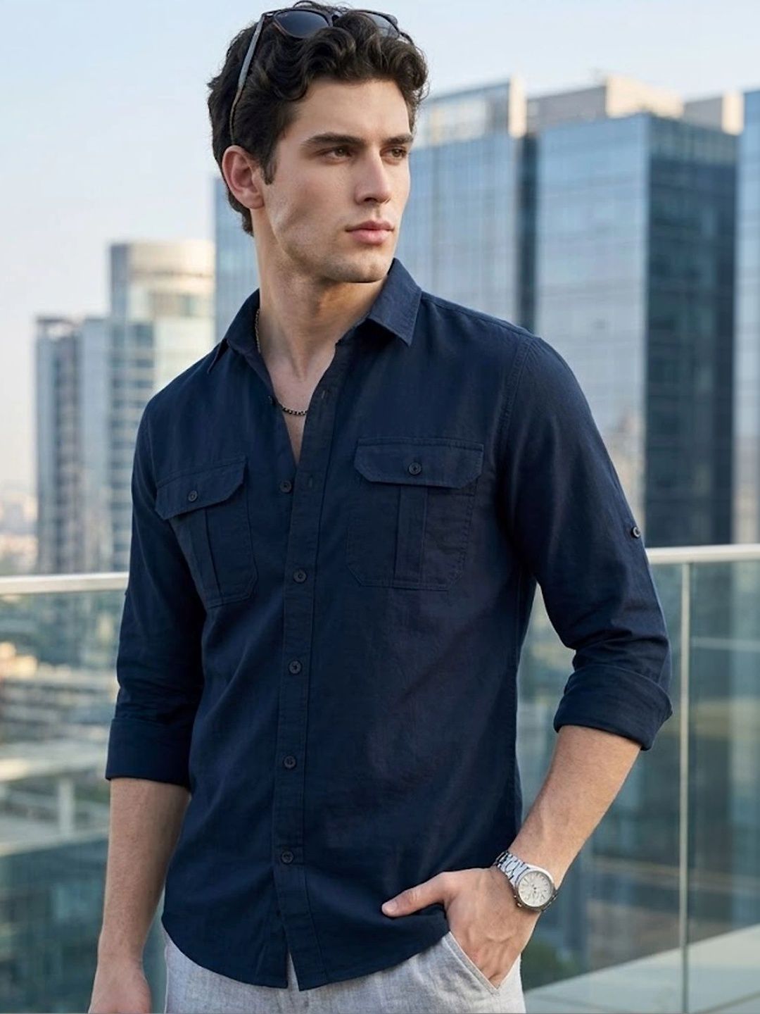 Urbano Fashion Men Spread Collar Solid Cotton Casual Shirt
