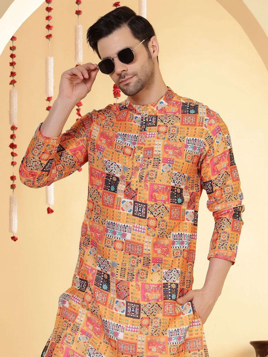 Anouk Floral Printed Band Collar Straight Kurta
