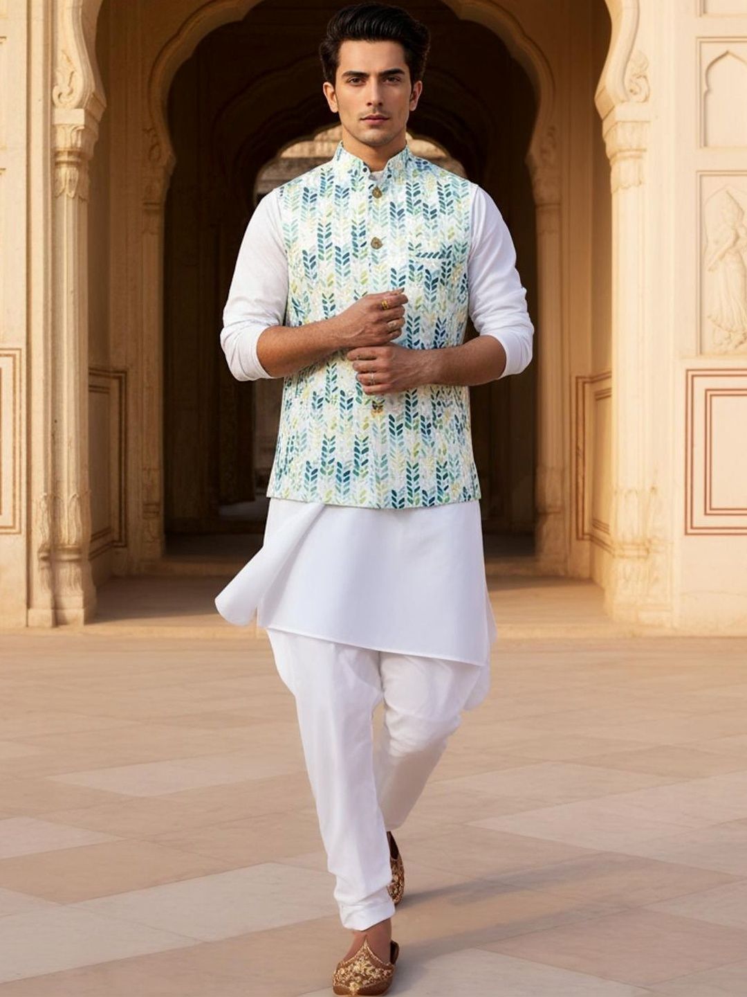 Anouk Men's Ethnic Jacquard Regular Fit Nehru Jacket