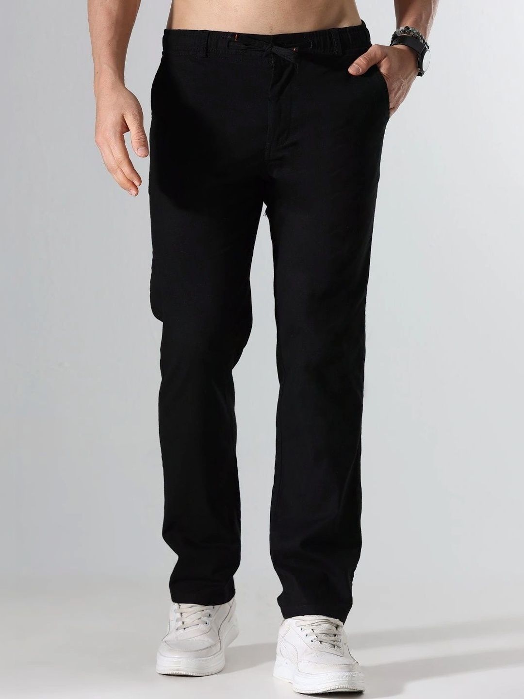 The Roadster Lifestyle Co. Men Linen Black Relaxed-Fit Regular Trousers