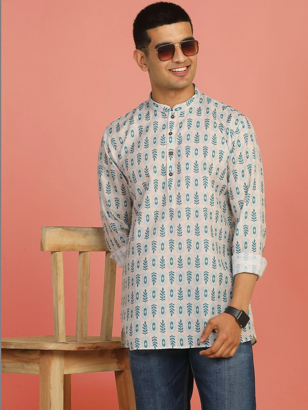 Anouk Mirage Floral Printed Blue Roll-Up Sleeve Short Kurta