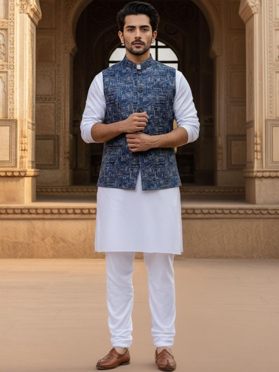 Anouk Blue & Navy Blue & White Woven Design Nehru Jackets