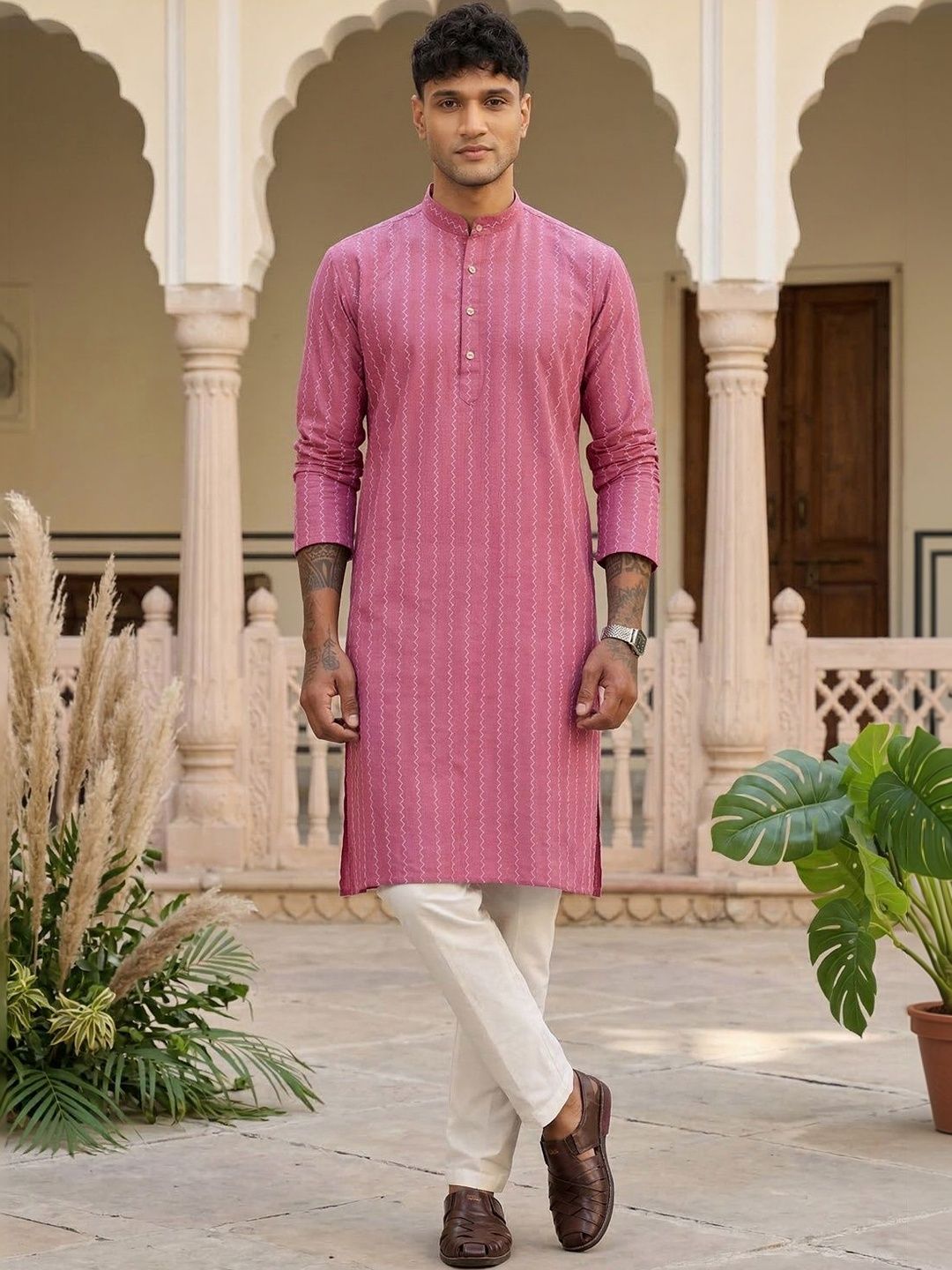 Anouk Striped Band Collar Straight Kurta