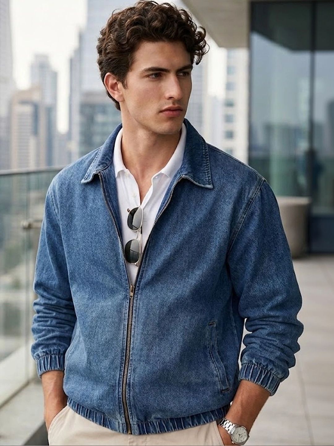 Urbano Fashion Men Spread Collar Washed Solid Denim Jacket