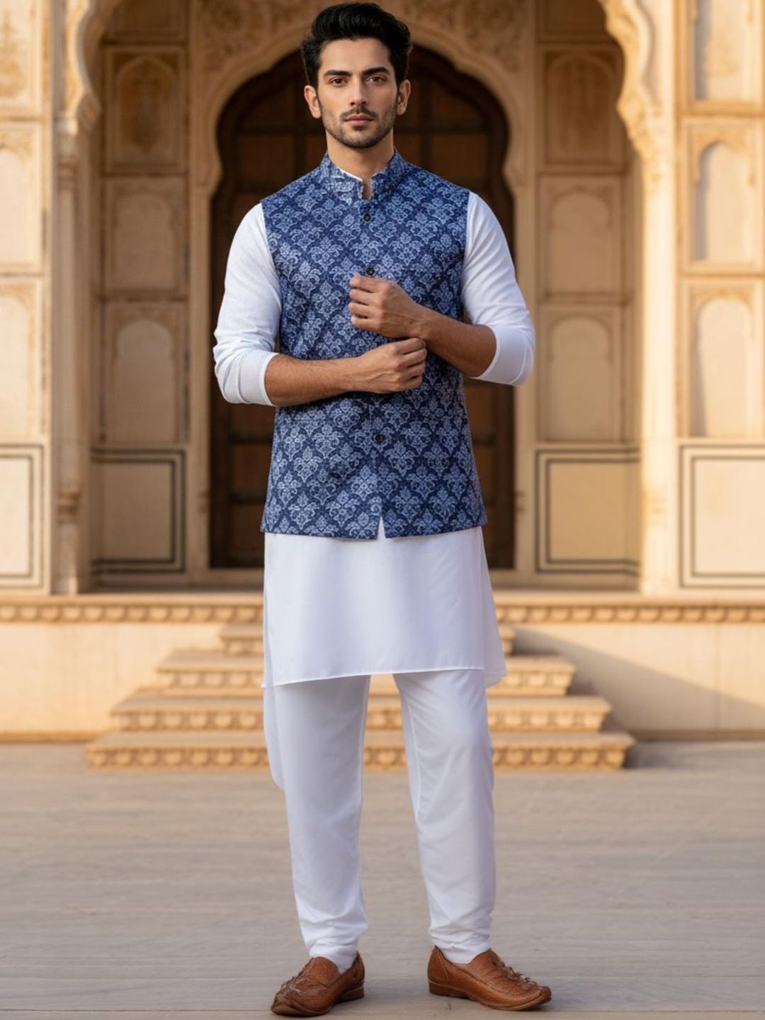 Anouk Blue & Navy Blue Woven Design Nehru Jackets