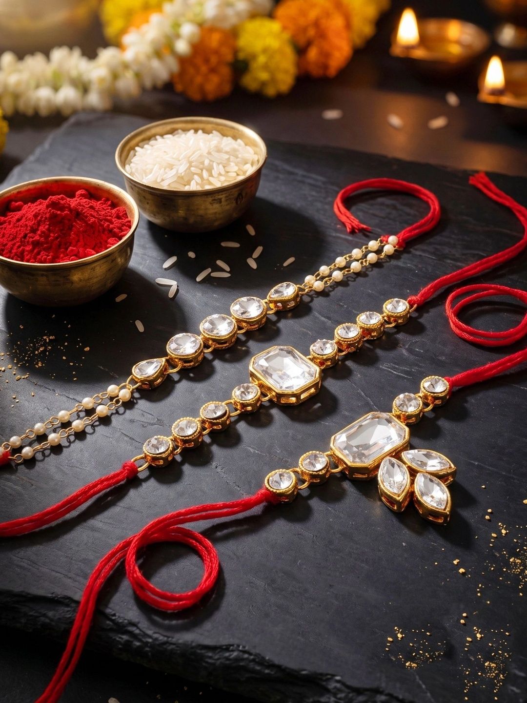 LUCKY JEWELLERY Set Of 5 Rakhi Gift Set With Roli-Chawal & Greeting Card