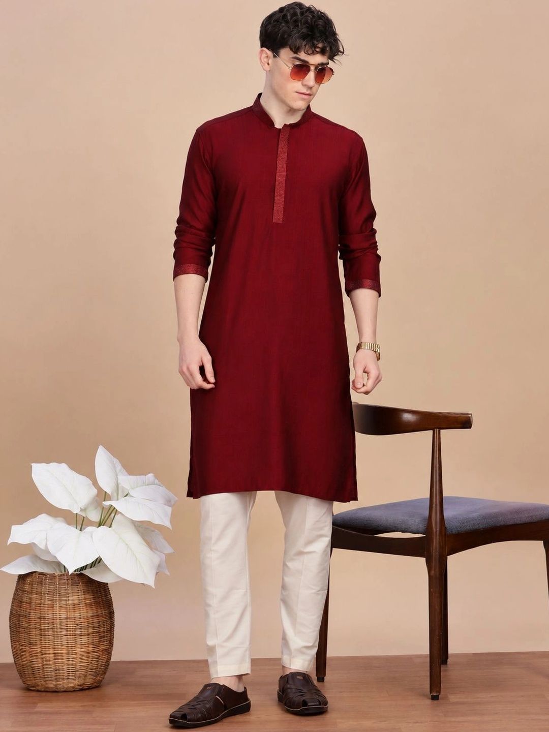 Anouk Men Button Patti Embroidery Straight Kurta