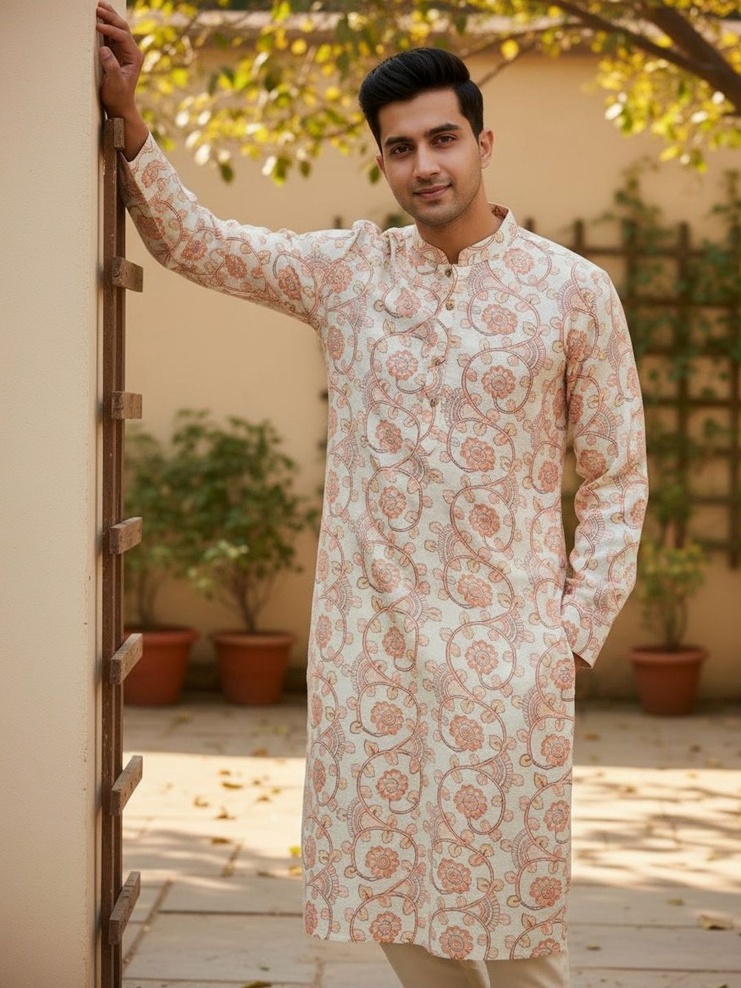 Anouk Floral Printed Mandarin Collar Linen Kurta