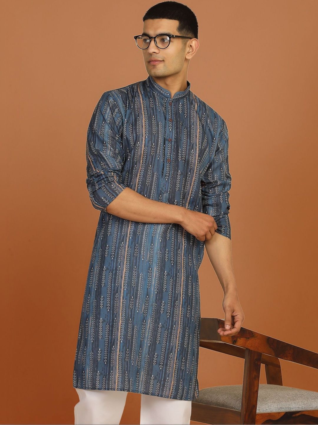 Anouk Mirage Floral Striped Blue Kurta