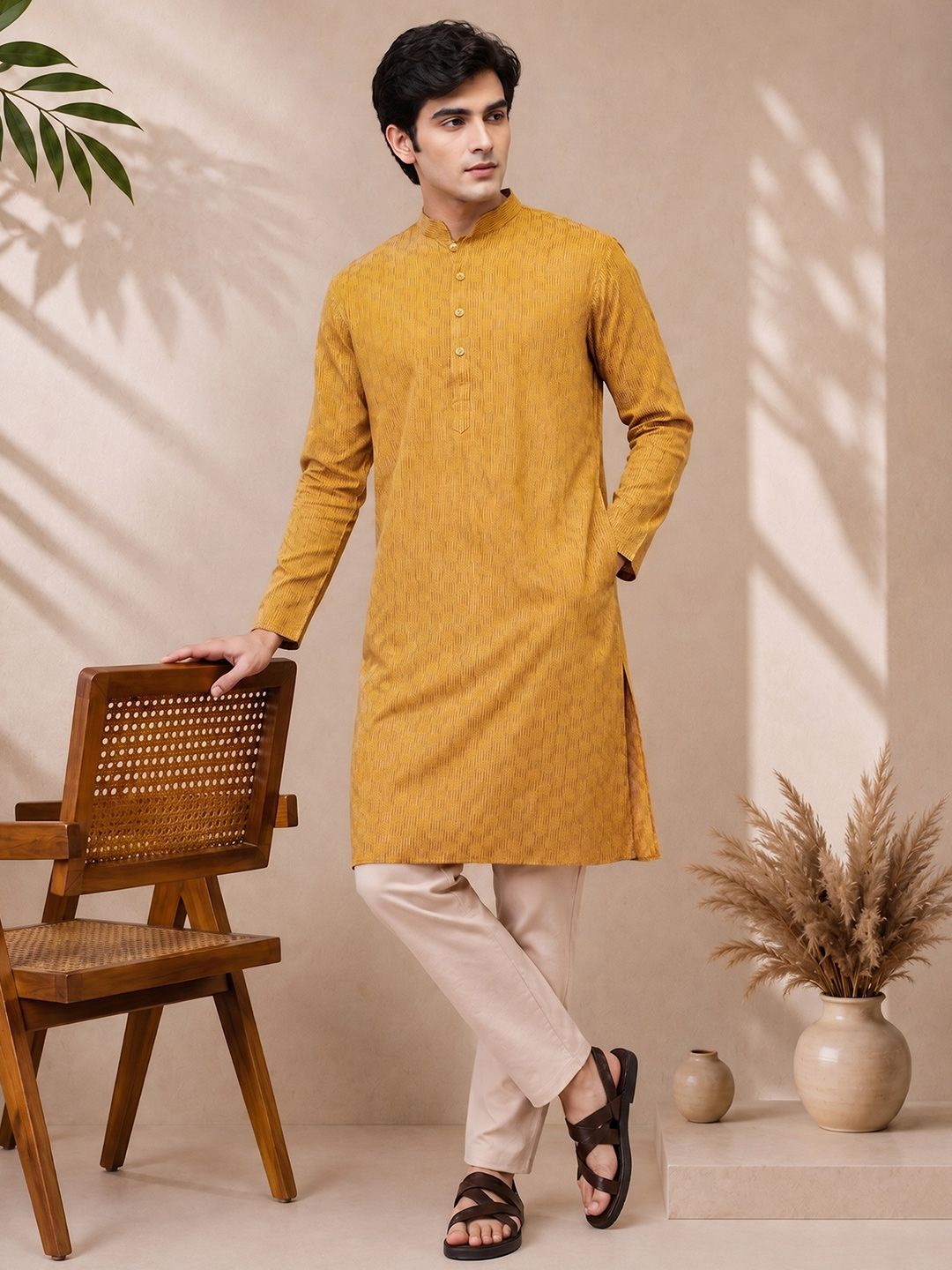 Anouk Woven Design Mandarin Collar Straight Kurta